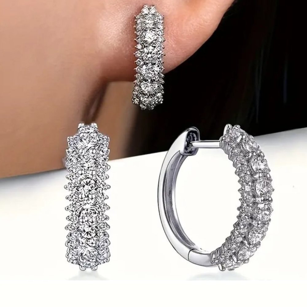 Silver Plated Sparkling Zircon Inlaid Elegant Minimalist Hoop Earrings Jewelry - Picture 1 of 5